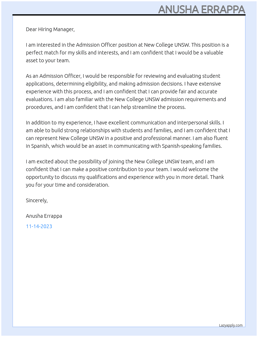 Admission officer At New College UNSW Cover Letter