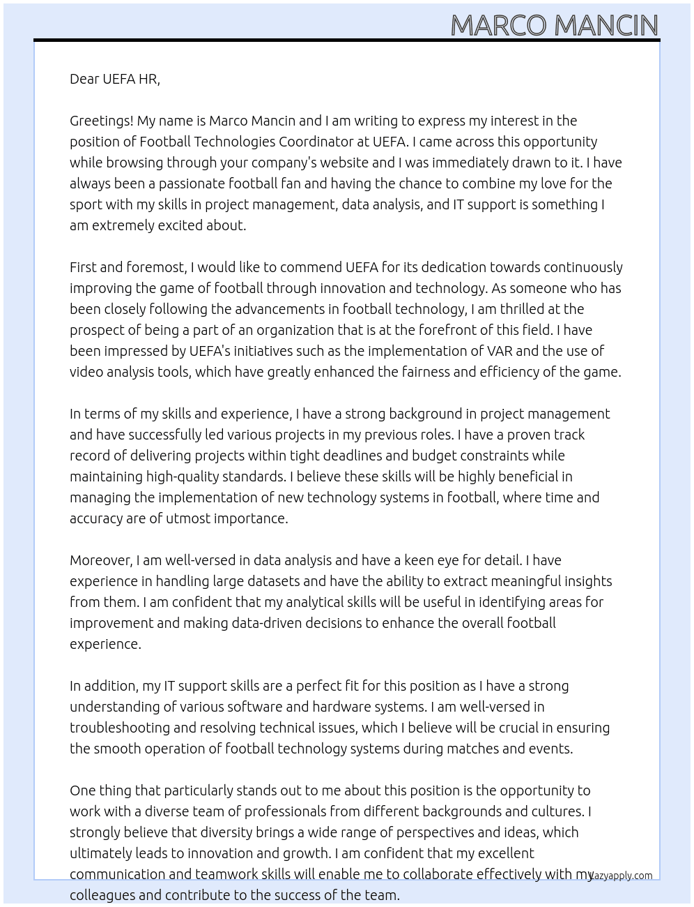 Football Technologies Coordinator At UEFA Cover Letter