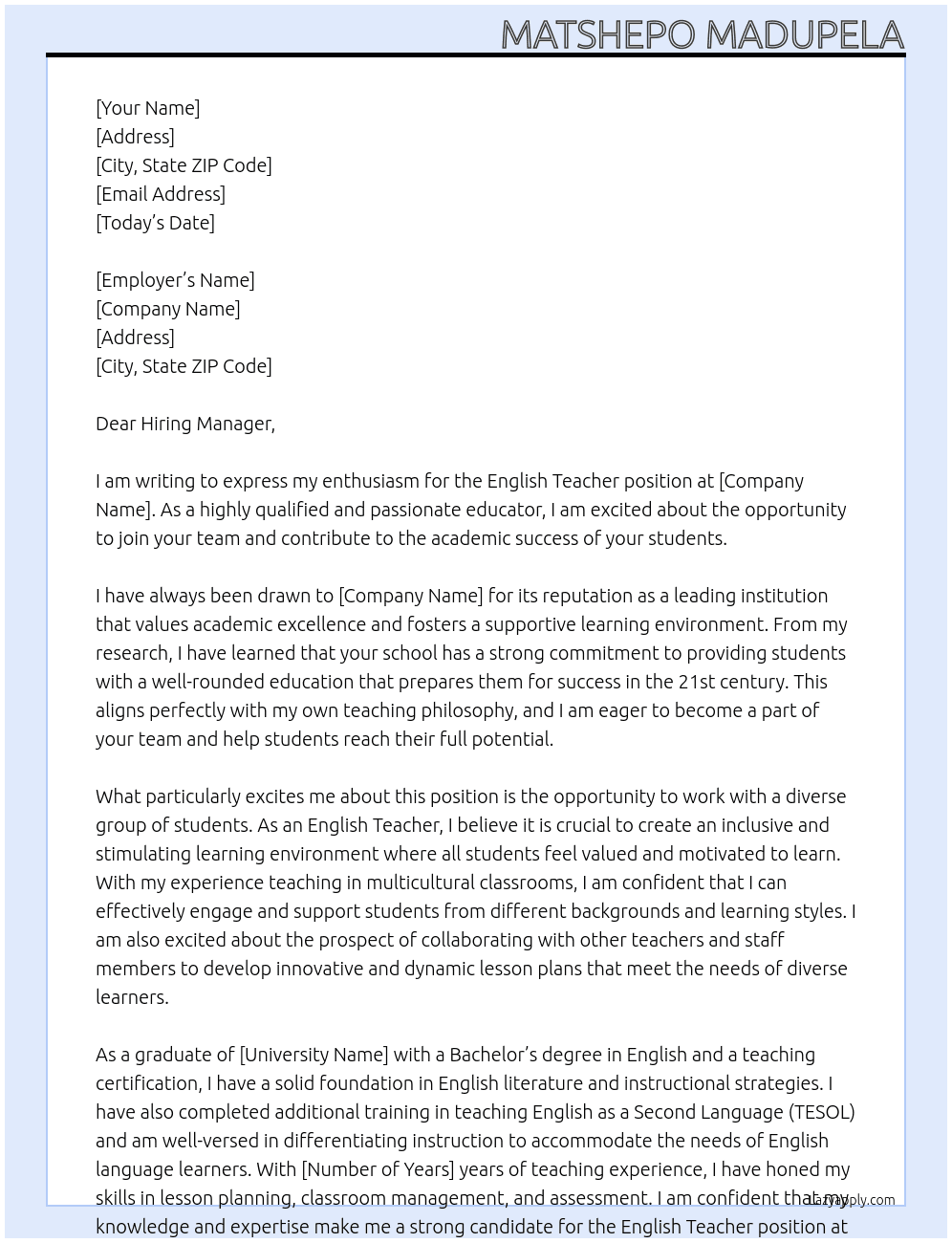 English Teacher At schools Cover Letter