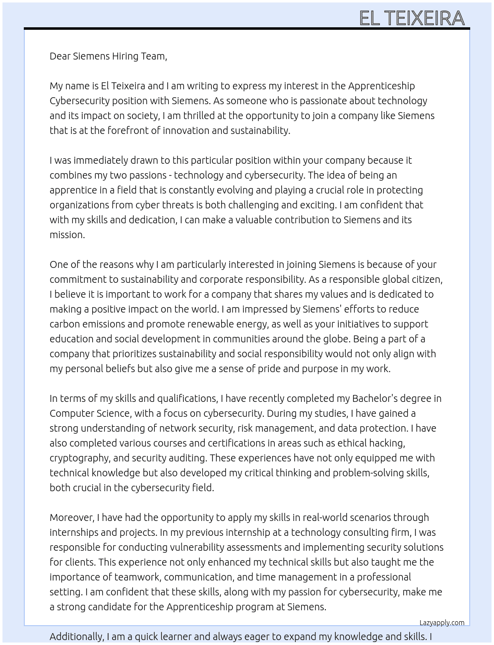 Cover letter for apprenticeship cybersecurity - LazyApply