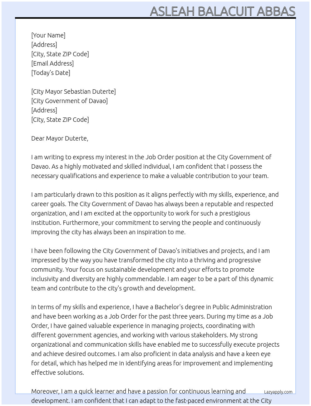 Job Order At CITY GOVERNMENT OF DAVAO Cover Letter