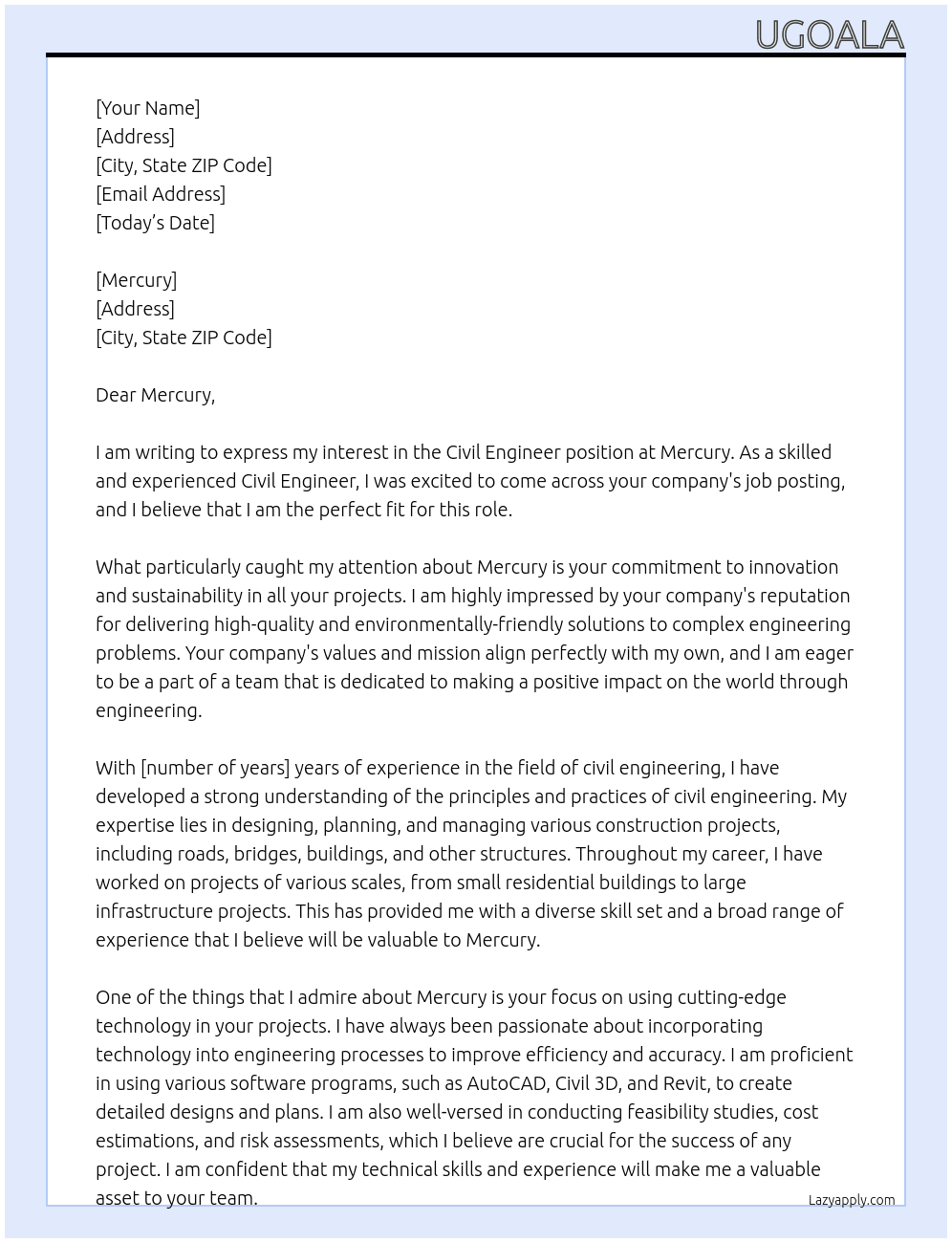 Civil Engineer At Mercury Cover Letter