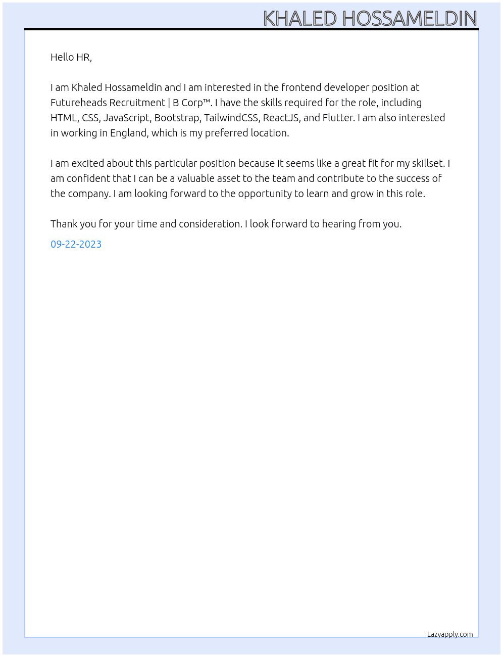 Frontend Developer At Futureheads Recruitment | B Corp™ Cover Letter