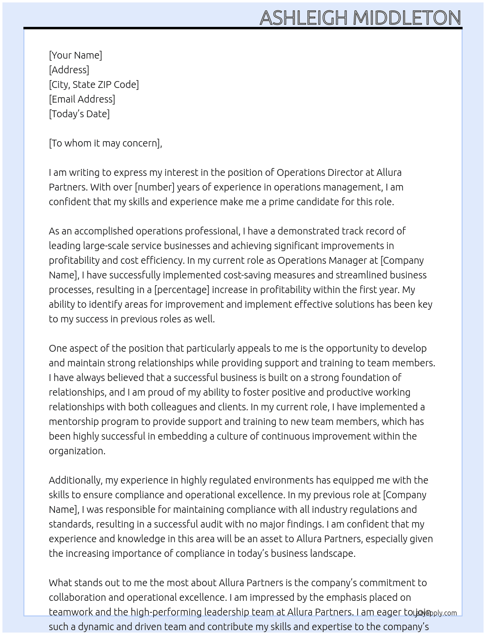 Operations Director At Allura Partners Cover Letter