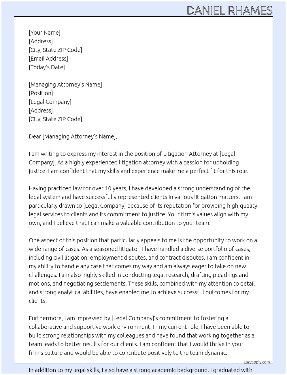 Litigation Attorney At Legal Company Cover Letter