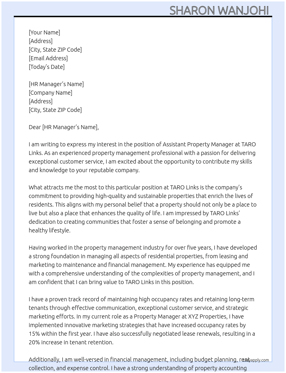 Assistant Property Manager  At TARO Links Cover Letter