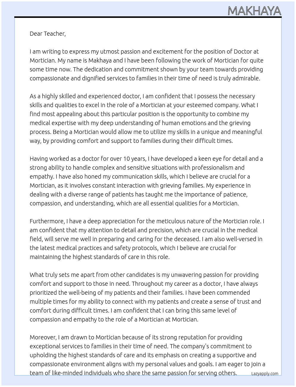 Doctor At Mortician Cover Letter