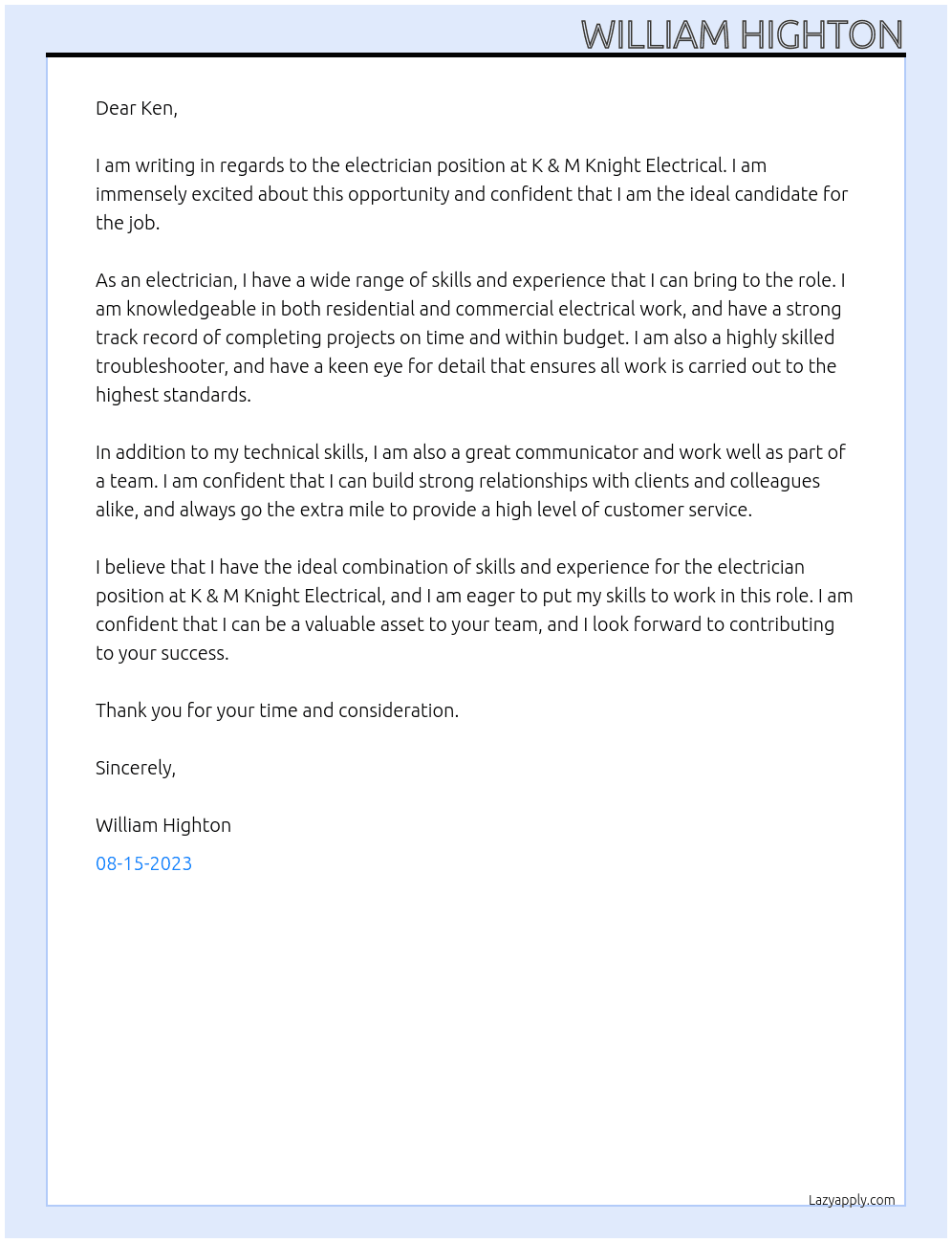 Electrican At K & M Knight Electrical Cover Letter