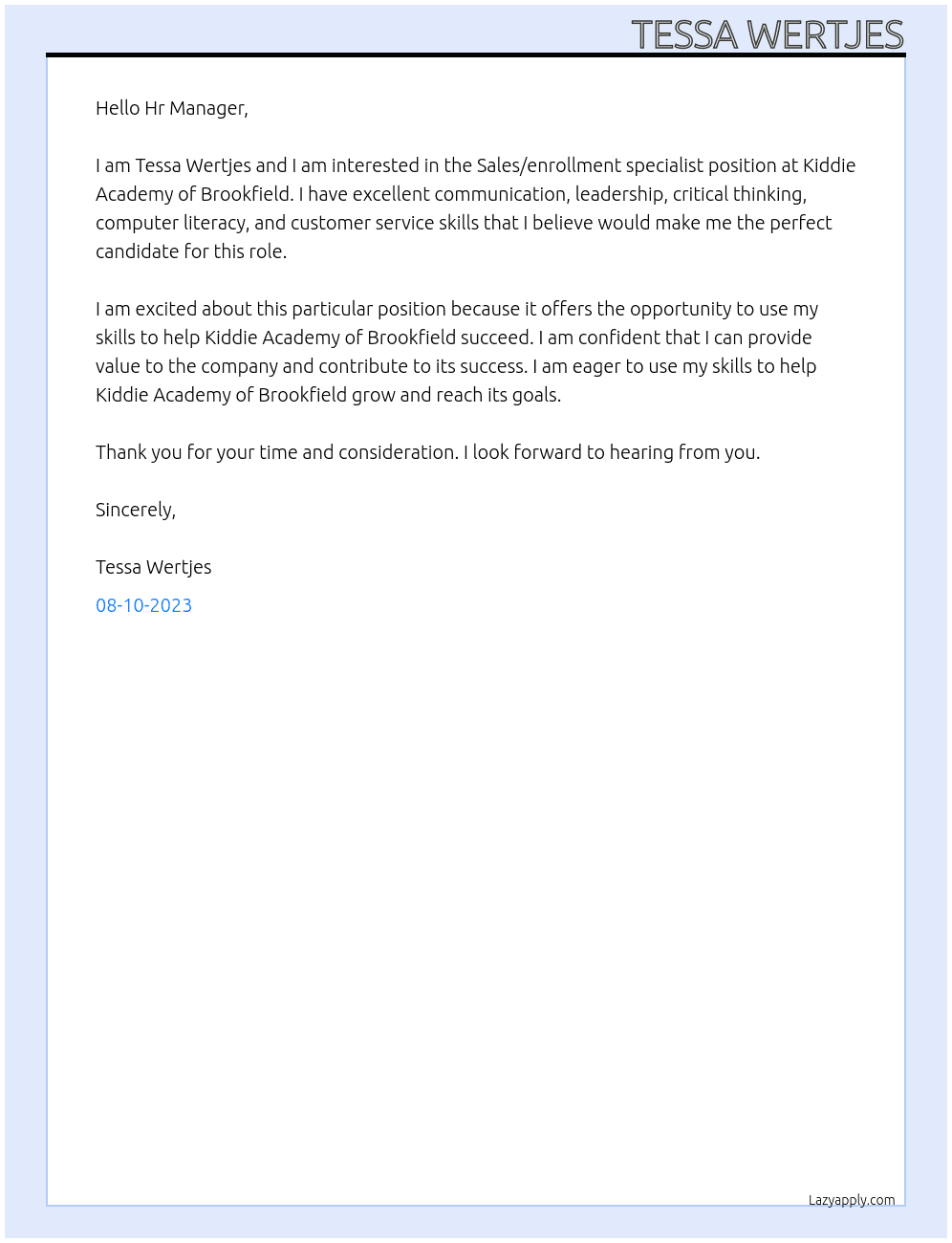 Sales/enrollment specialist At Kiddie Academy of Brookfield  Cover Letter