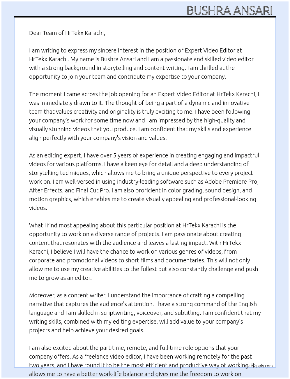 Expert video editor  At HrTekx Karachi Cover Letter