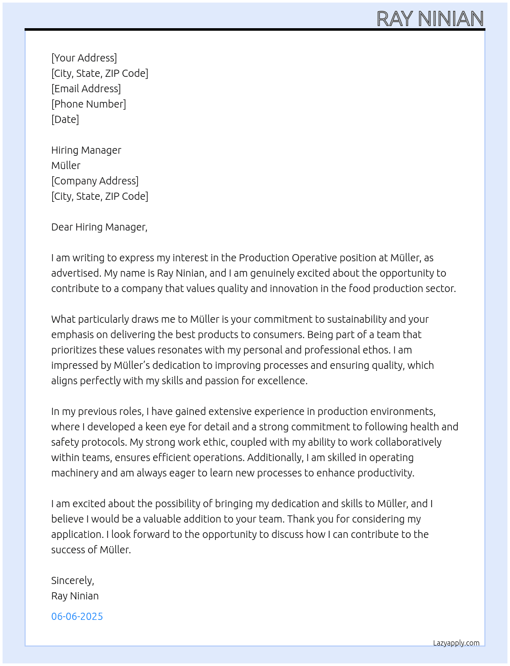 Production operative  At Müller Cover Letter