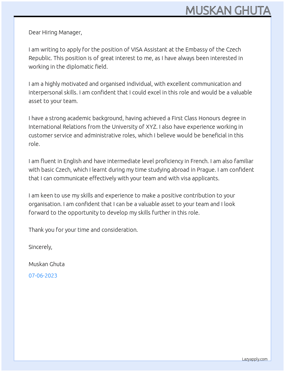 VISA Assistant  At Embassy of the Czech Republic Cover Letter