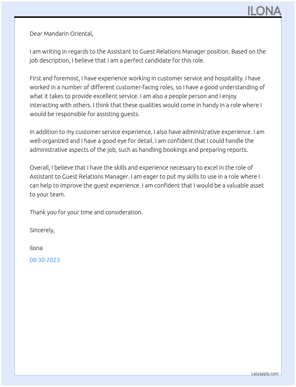 Assistant to Guest Relations Manager At Mandarin Oriental Cover Letter