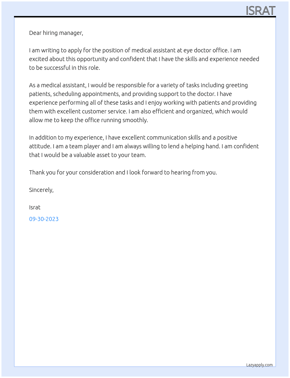 medical assistant At eye doctor office Cover Letter