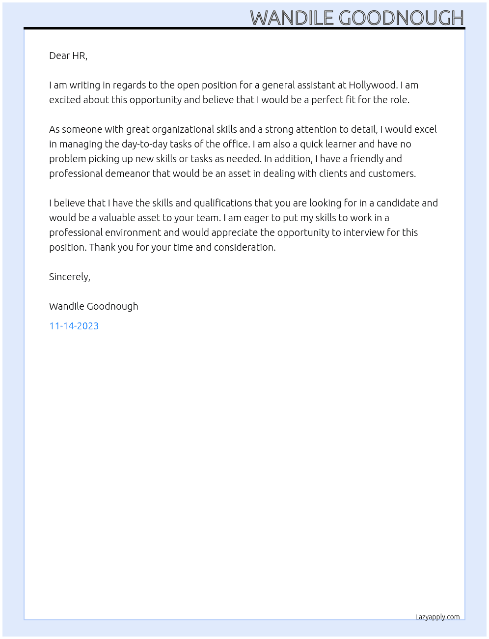 general assistant entry level At Hollywood Cover Letter