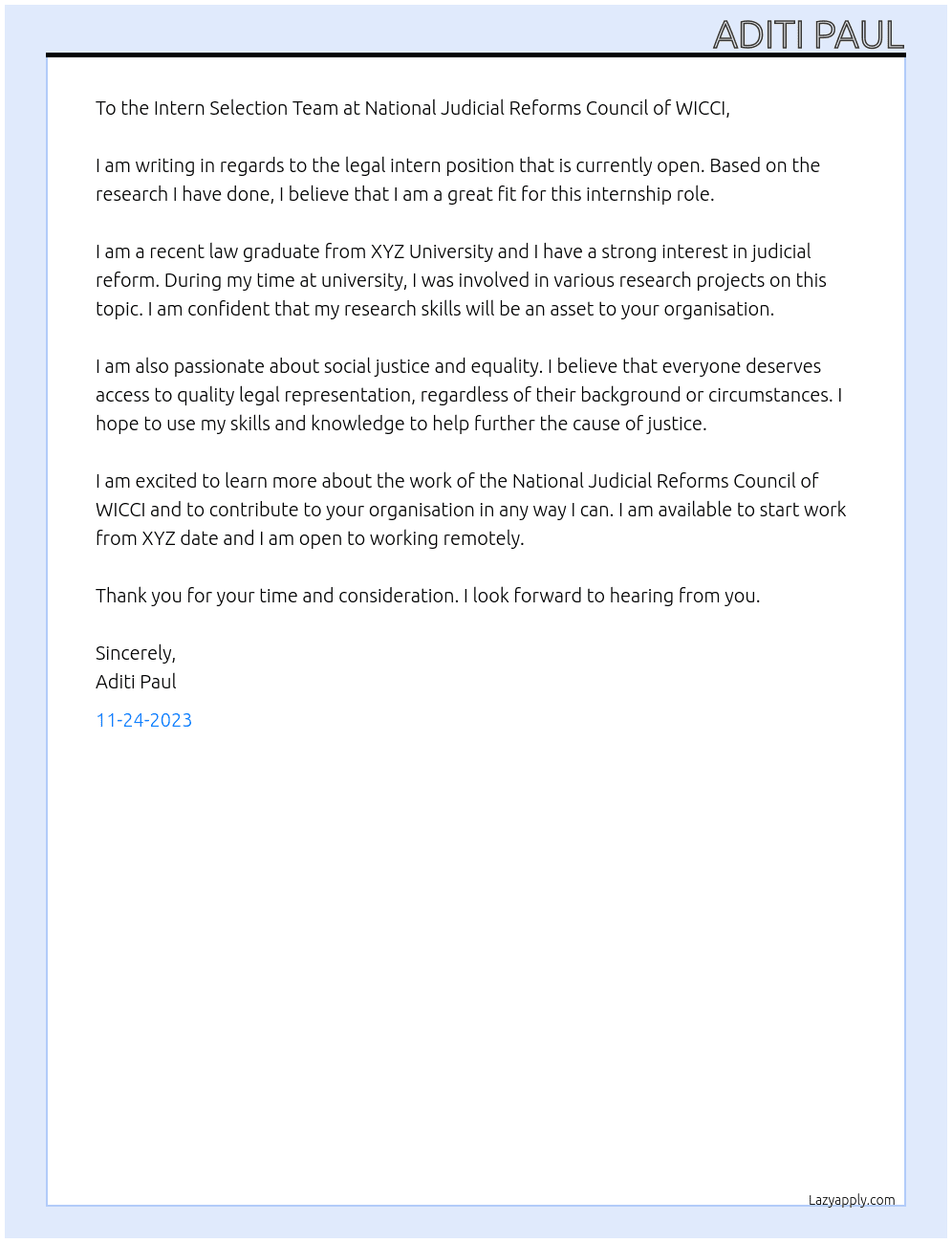 Legal intern At National Judicial Reforms Council of WICCI  Cover Letter