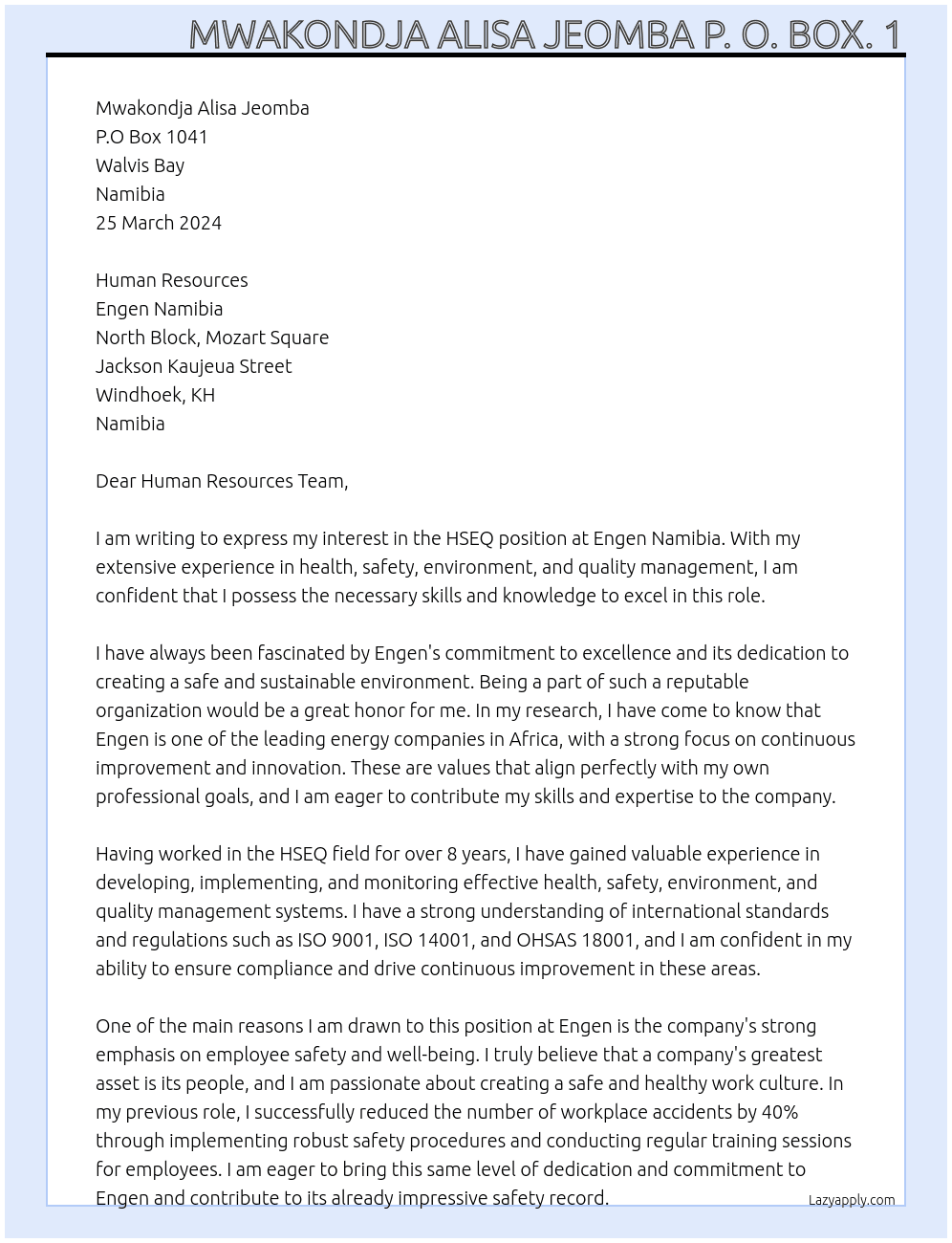 HSEQ At Engine Cover Letter