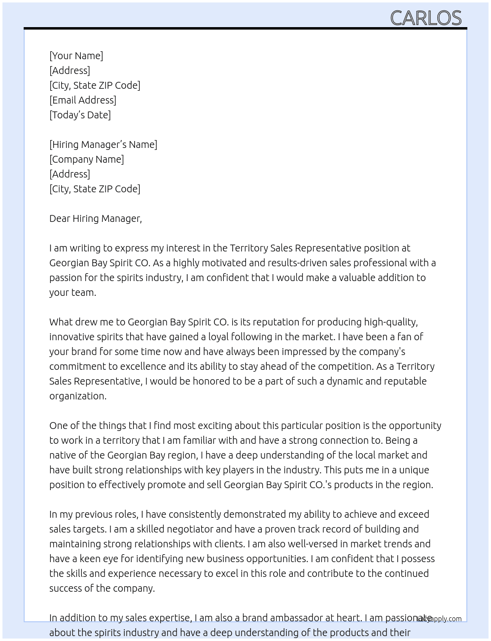 Territory Sales Representative  At Gerogian Bay Spirit CO.  Cover Letter