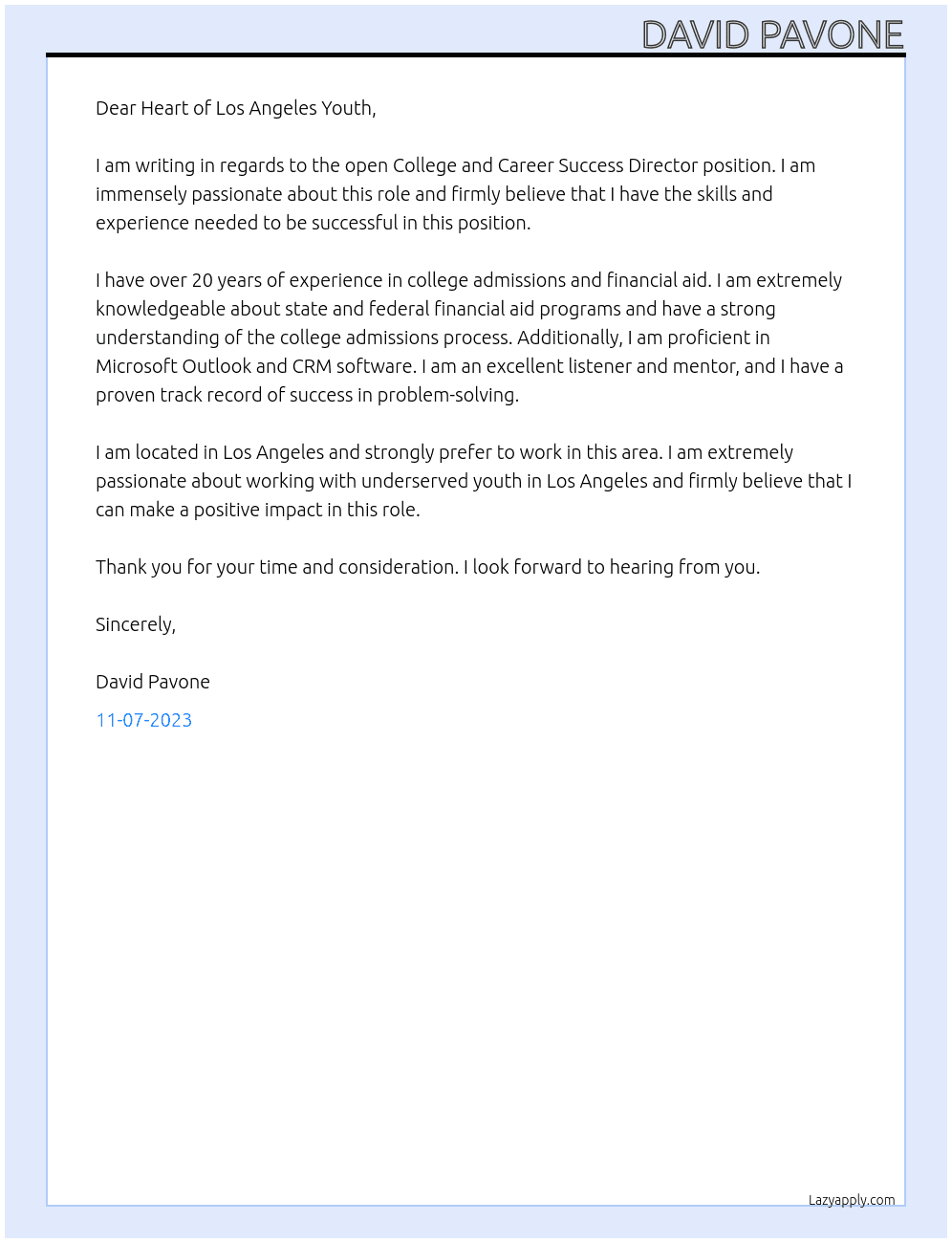 College and Career Sucess Director At  Heart of Los Angeles Youth  Cover Letter