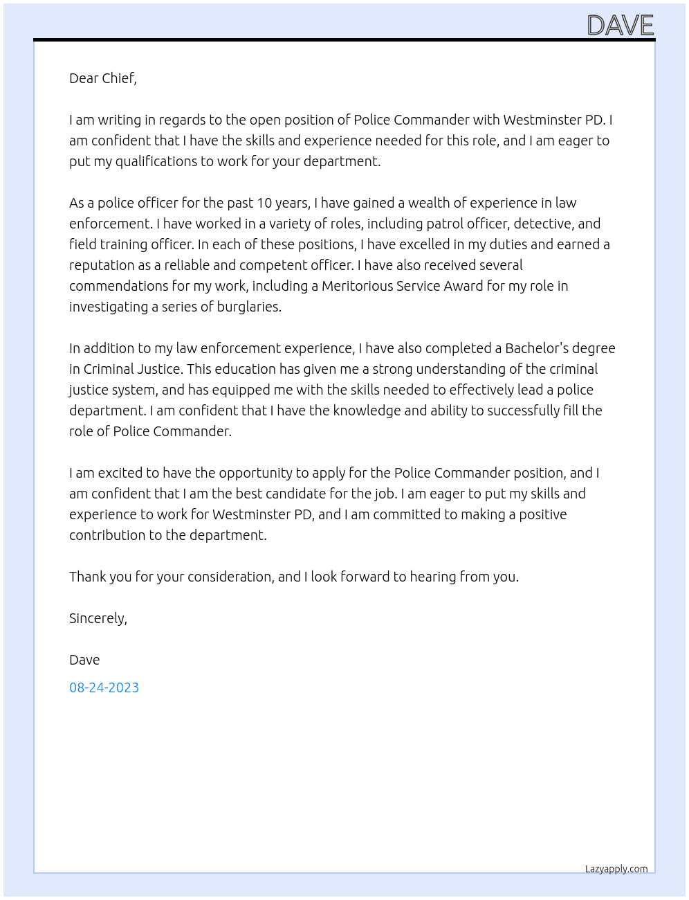 Police Commander At Westminster pd  Cover Letter