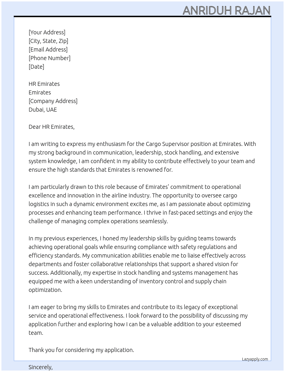 Cover letter for cargo supervisor - LazyApply