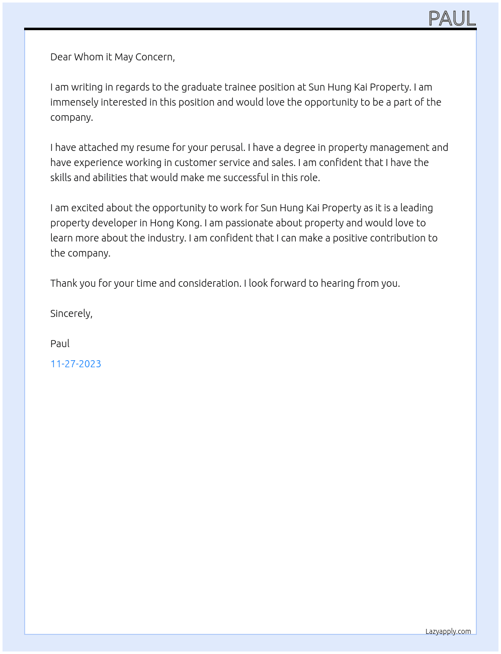 graduate trainee At Sun Hung Kai Property Cover Letter