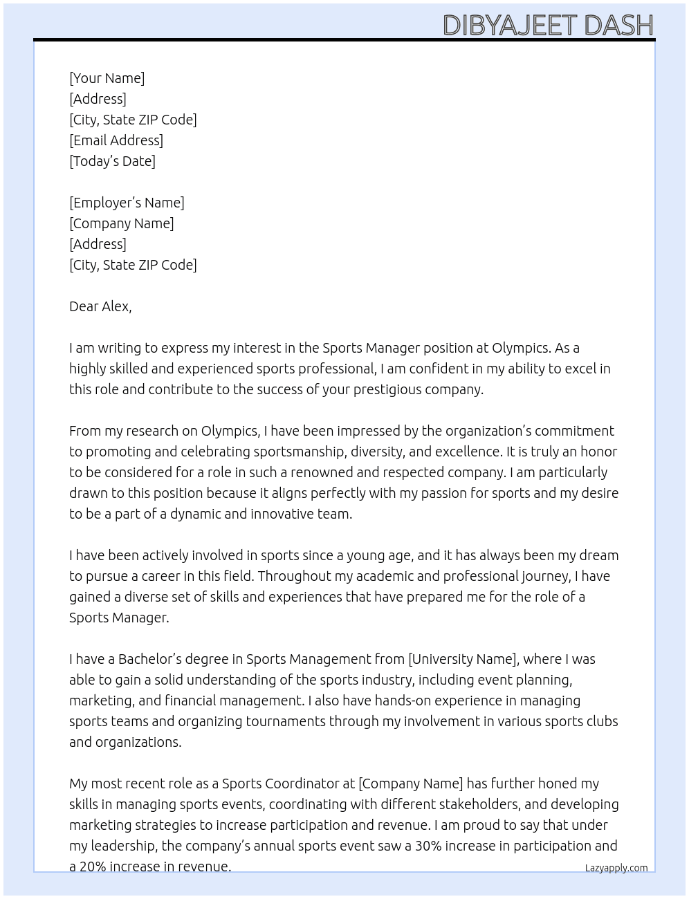 Sports Manager At Olympics Cover Letter