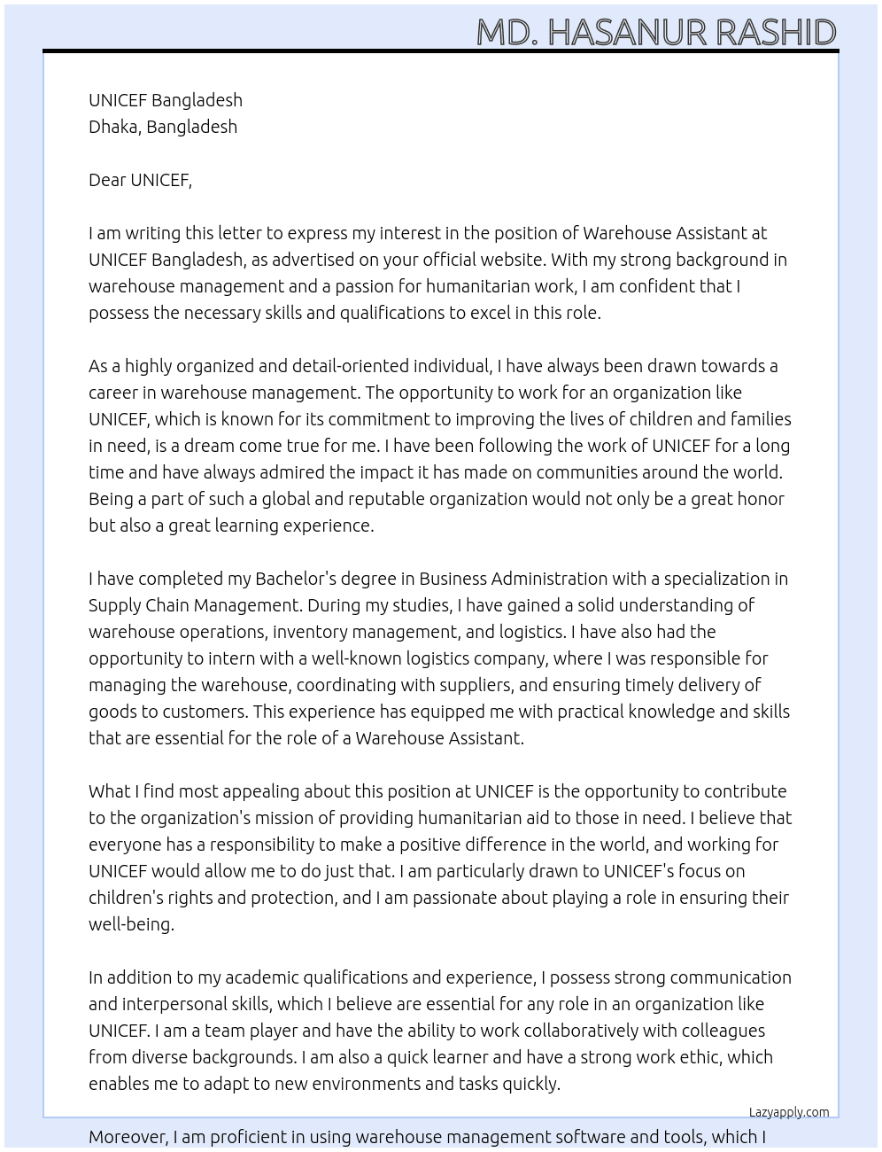 Wearhouse Assistant  At UNICEF Bangladesh  Cover Letter