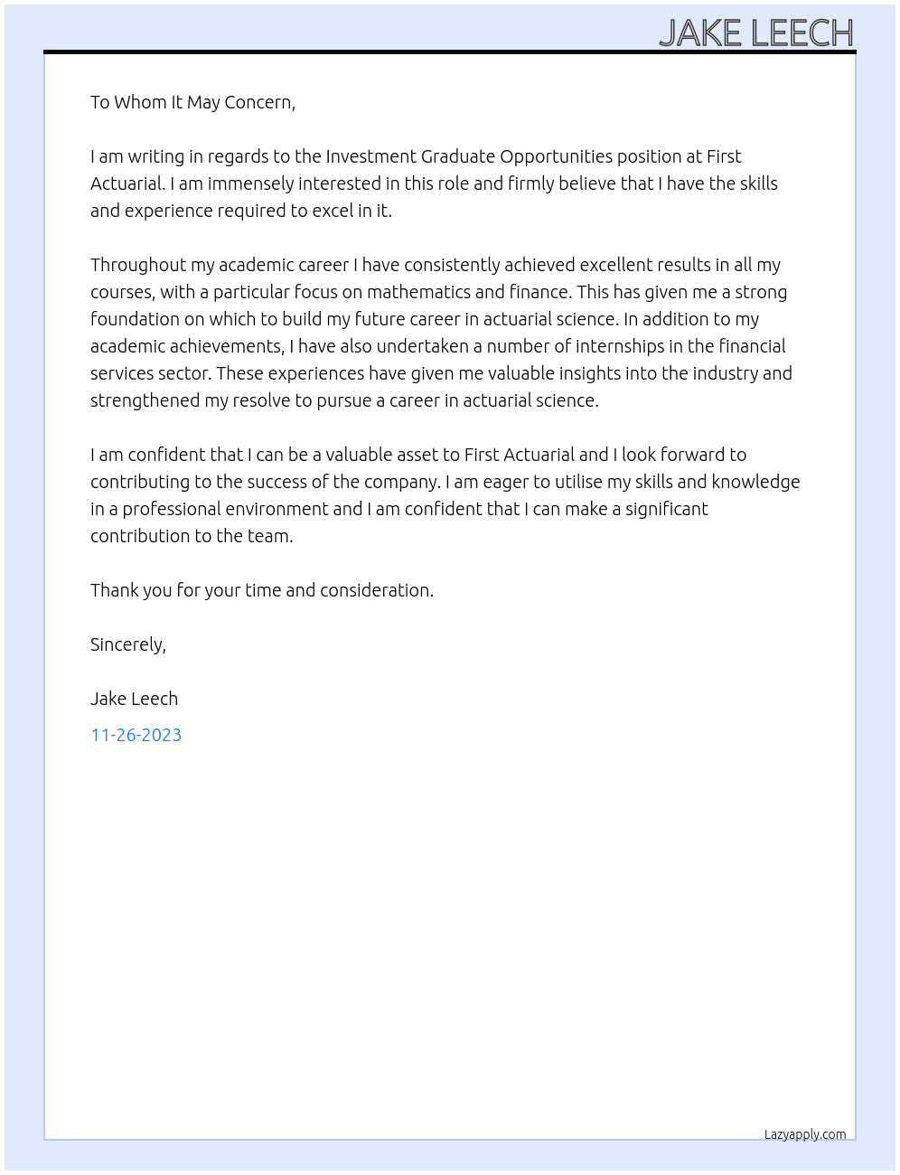 Investment Graduate Opportunities  At First Actuarial Cover Letter