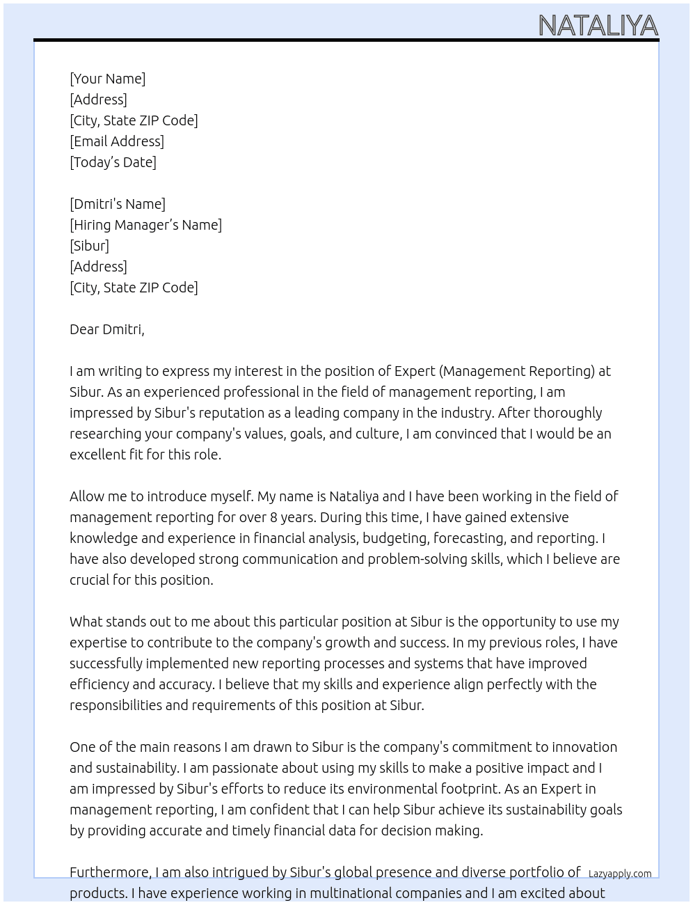 Expert (Management Reporting) At Sibur Cover Letter