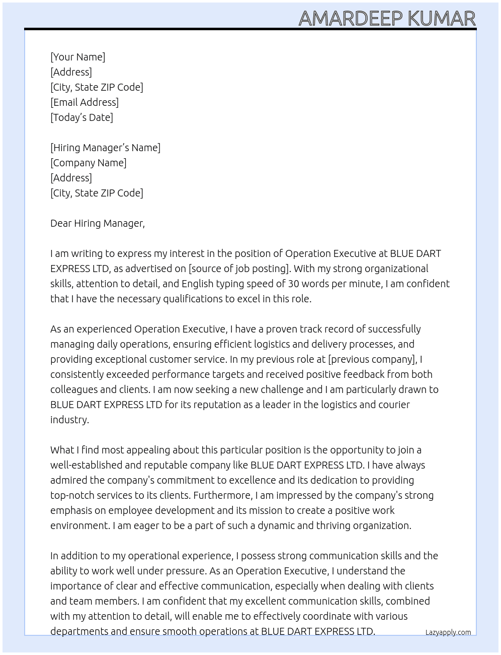 Operation executive  At BLUE DART EXPRESS LTD  Cover Letter