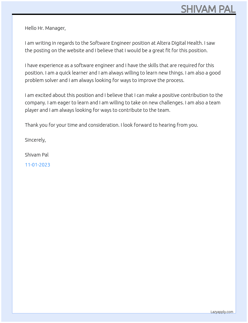 Software Engineer At Altera Digital Health Cover Letter