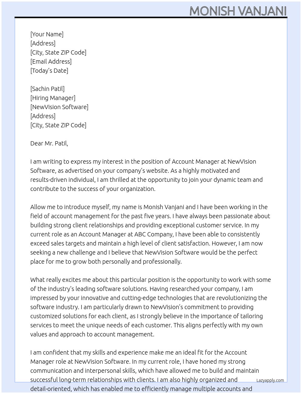 Account Manager At NewVision Software Cover Letter