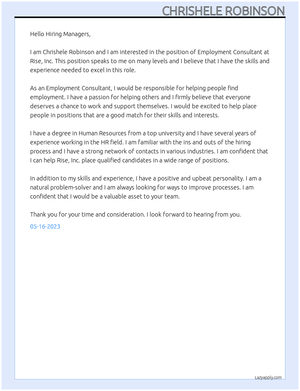 Employment Consultant  At Rise, Inc Cover Letter