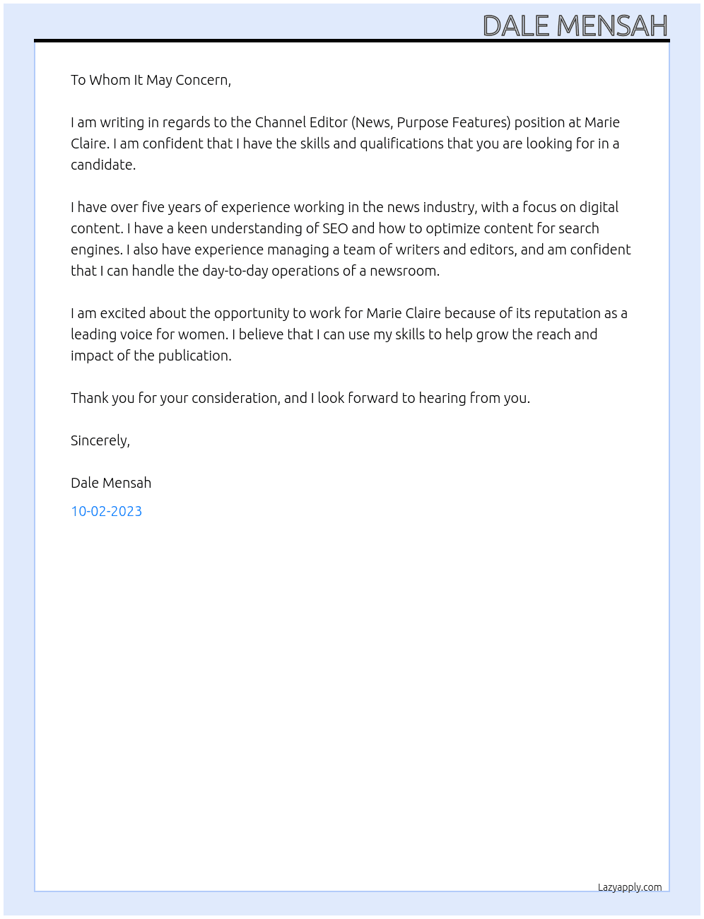Channel Editor (News, Purpose Features) At Marie Claire Cover Letter