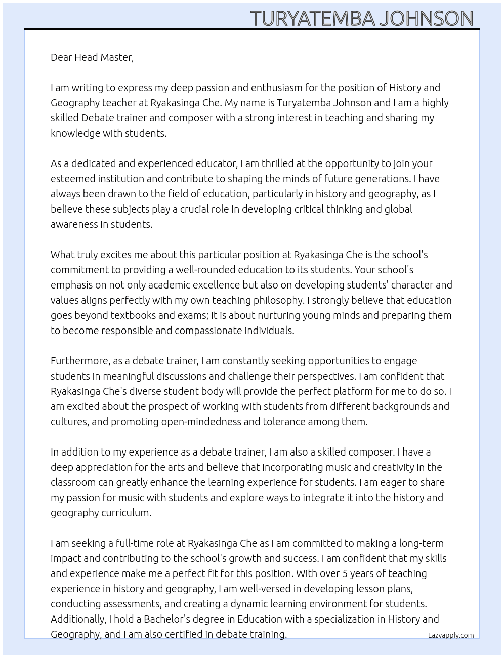 History and Geography teacher  At RYAKASINGA CHE Cover Letter