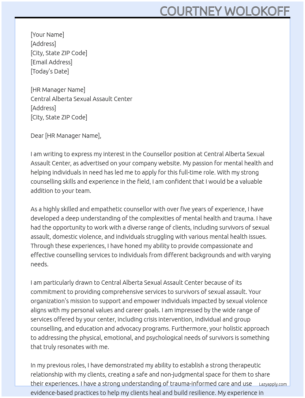 counsellor At Central Alberta Sexual Assault Center Cover Letter
