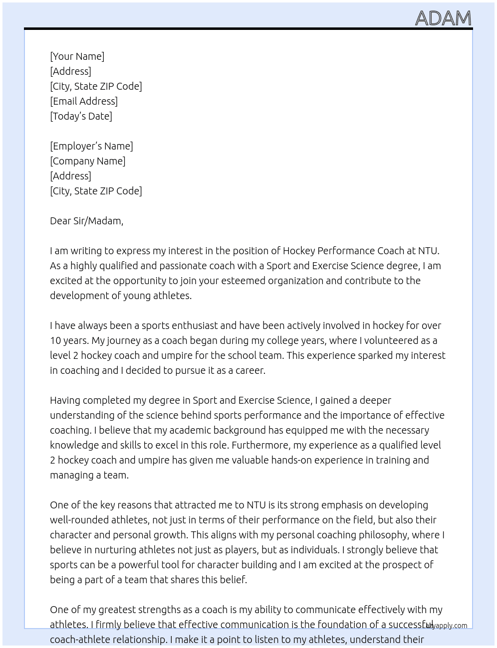 Hockey Performance Coach At NTU Cover Letter