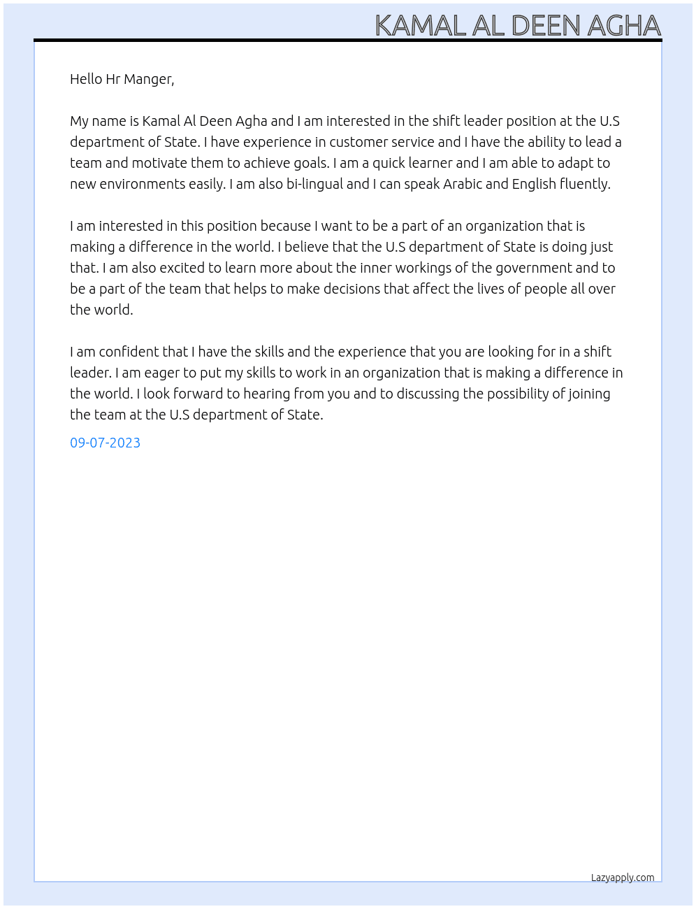 shift leader At U.S department of State Cover Letter