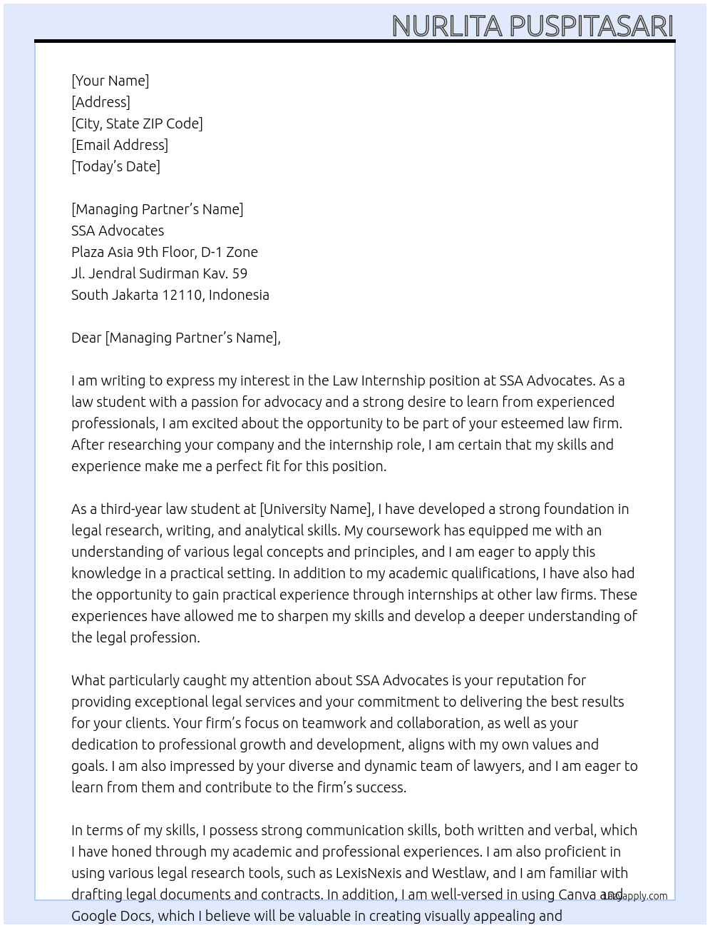 Law Internship At SSA Advocates Cover Letter