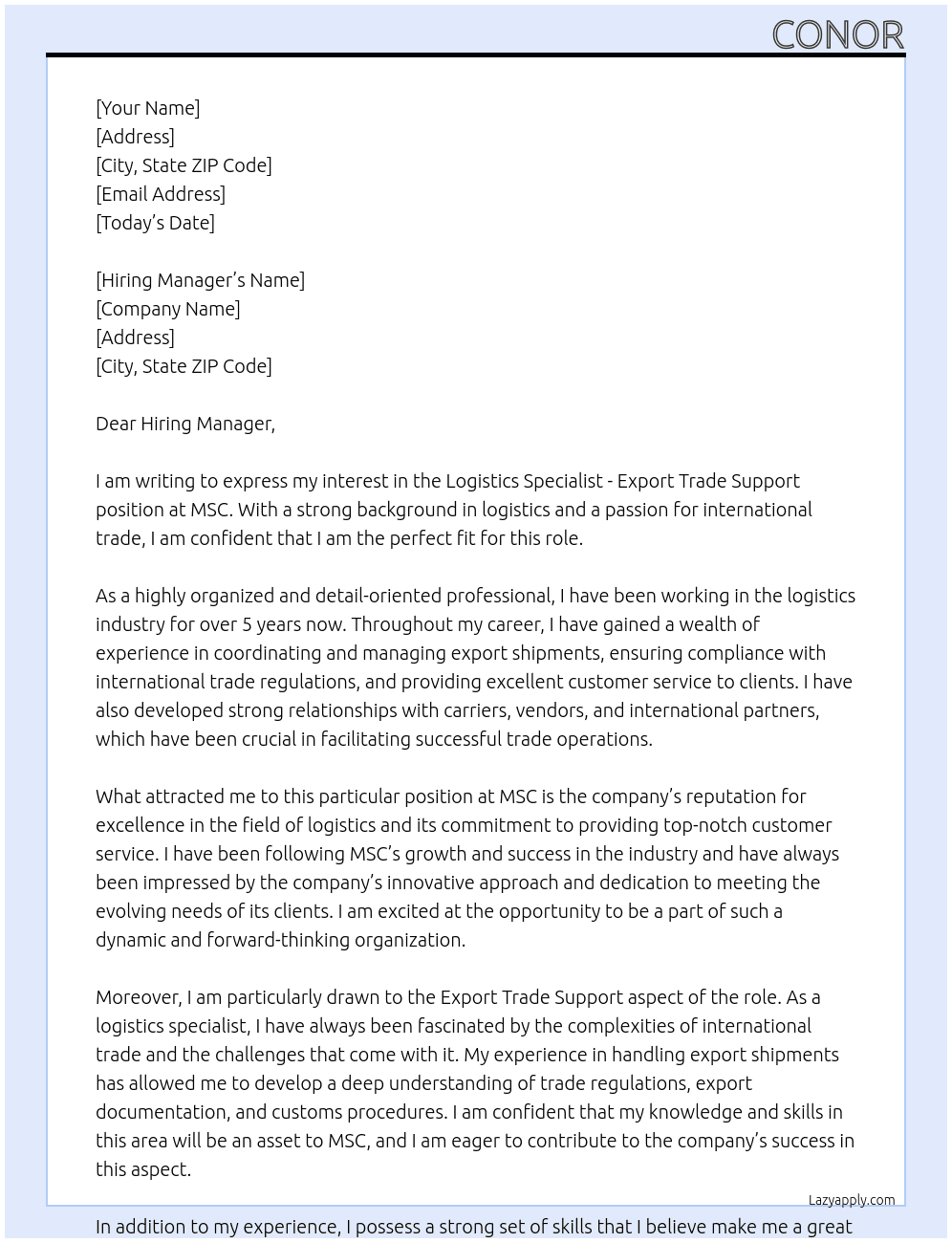 Logistics Specialist - Export Trade Support At MSC Cover Letter