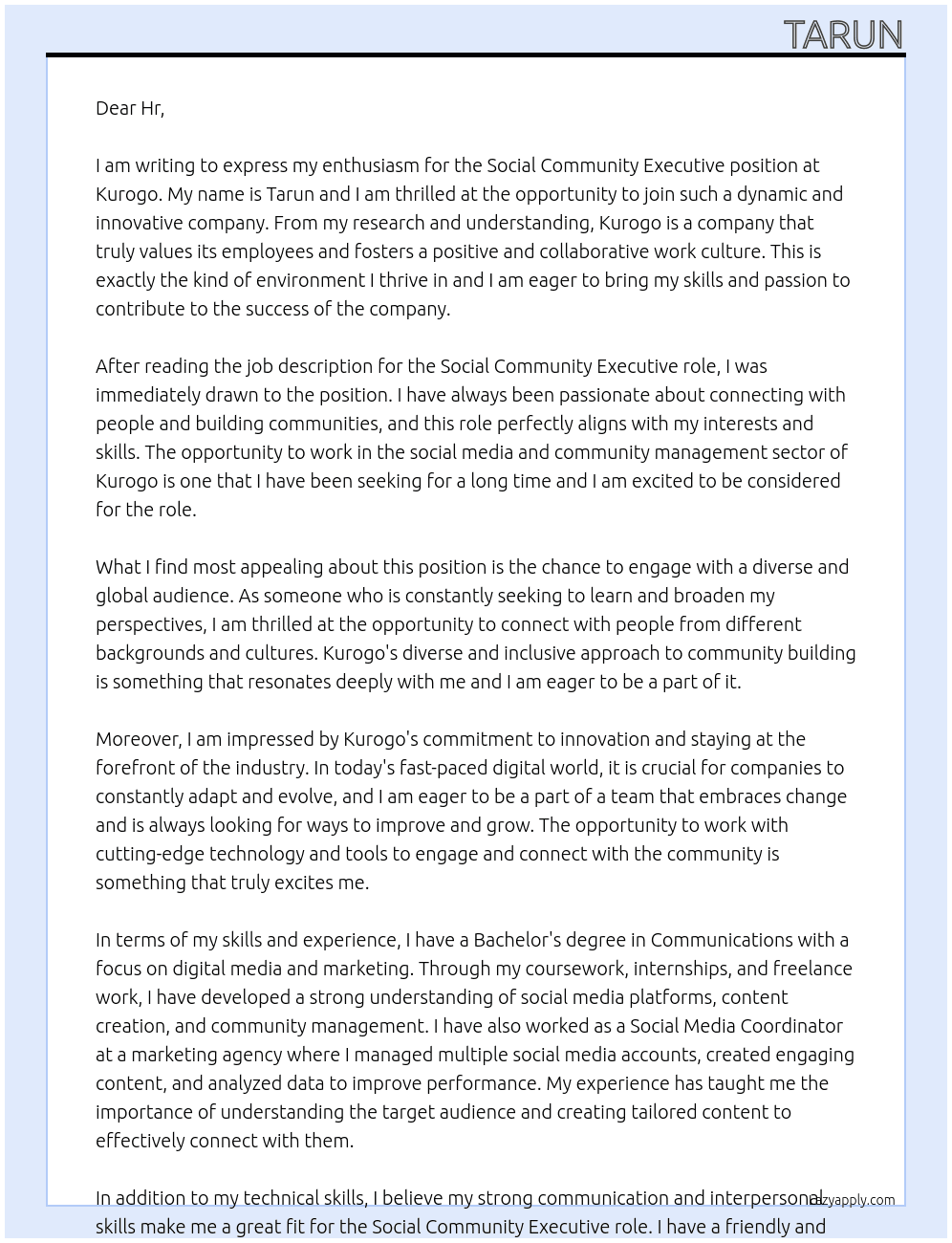 Social community executive At Kurogo Cover Letter