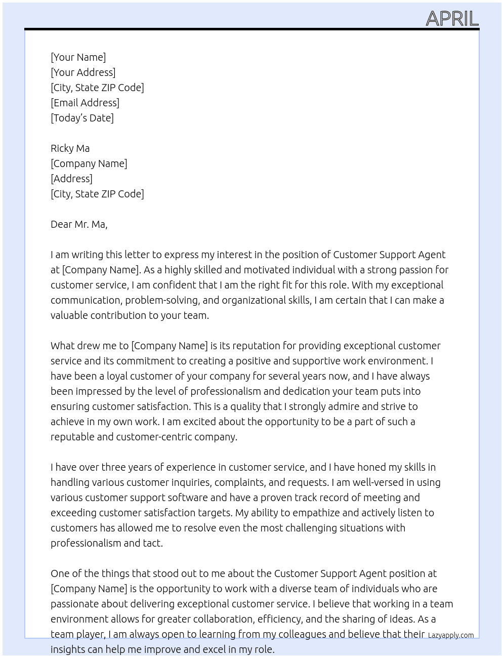 Customer Support Agent At 0 Cover Letter
