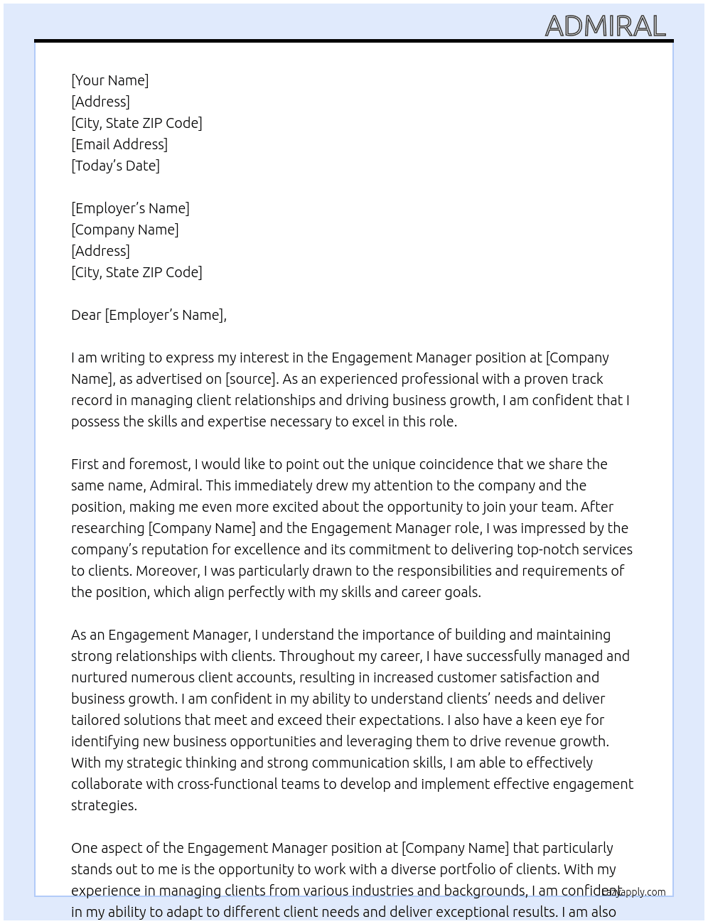 engagement manager  At admiral  Cover Letter