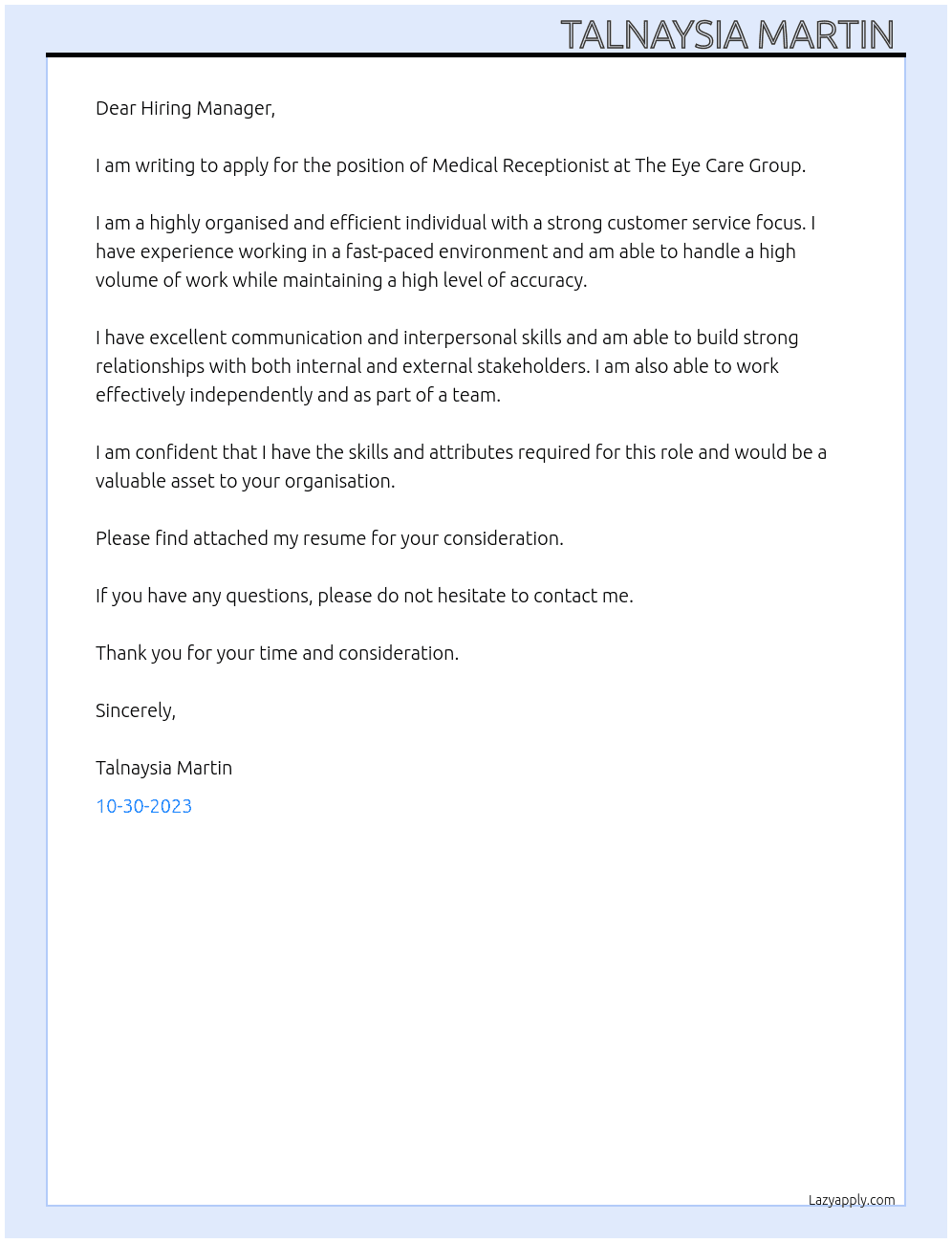 Medical Receptionist  At The Eye Care Group Cover Letter