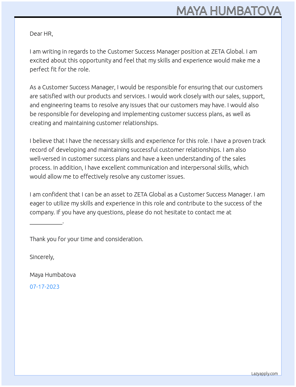 Customer Success Manager At ZETA Global Cover Letter