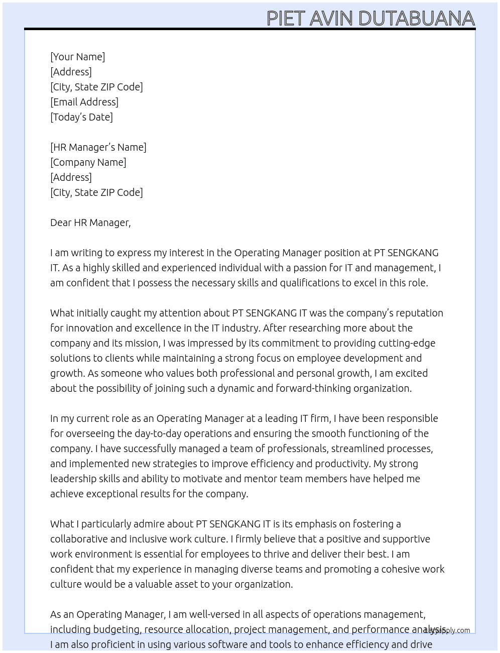 Operating Manager At PT SENGKANG IT Cover Letter