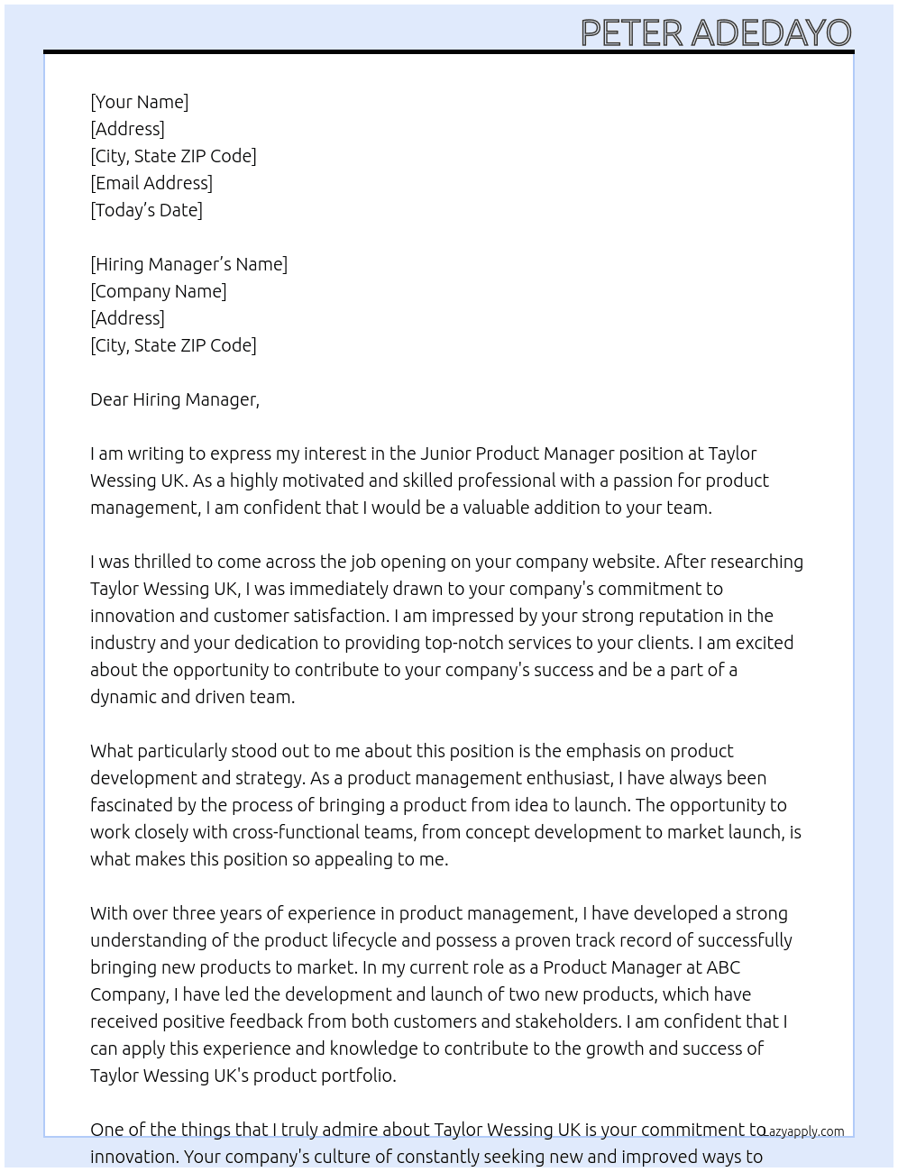 Junior Product manager At Taylor Wessing UK Cover Letter