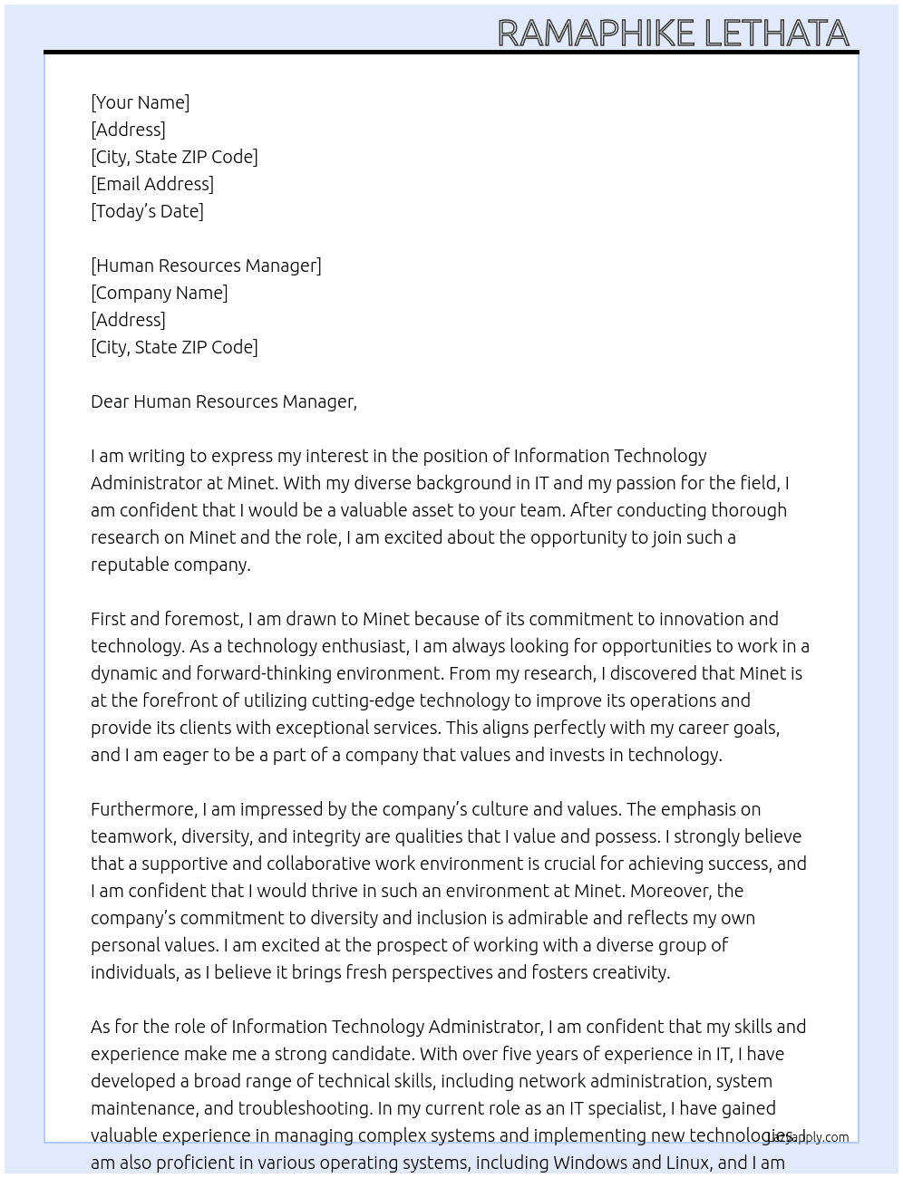 Information technology administrator  At Minet Cover Letter