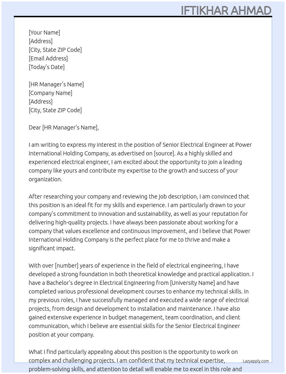 Senior Electrical Engineer At Power International Holding Company Cover Letter